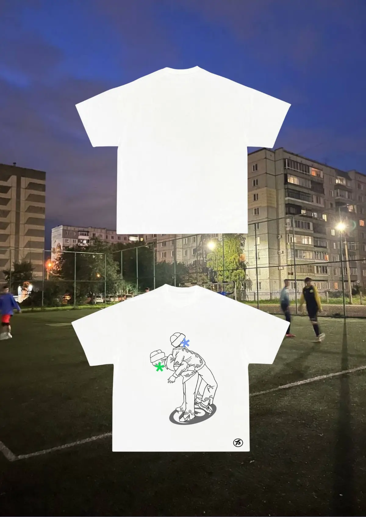 Stronger T-shirt with two boys wrestling on a football pitch